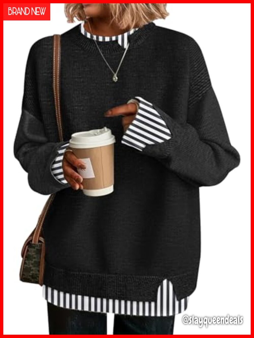 Oversized Cut-Out Crew Neck Long Sleeve Knit Pullover Sweater